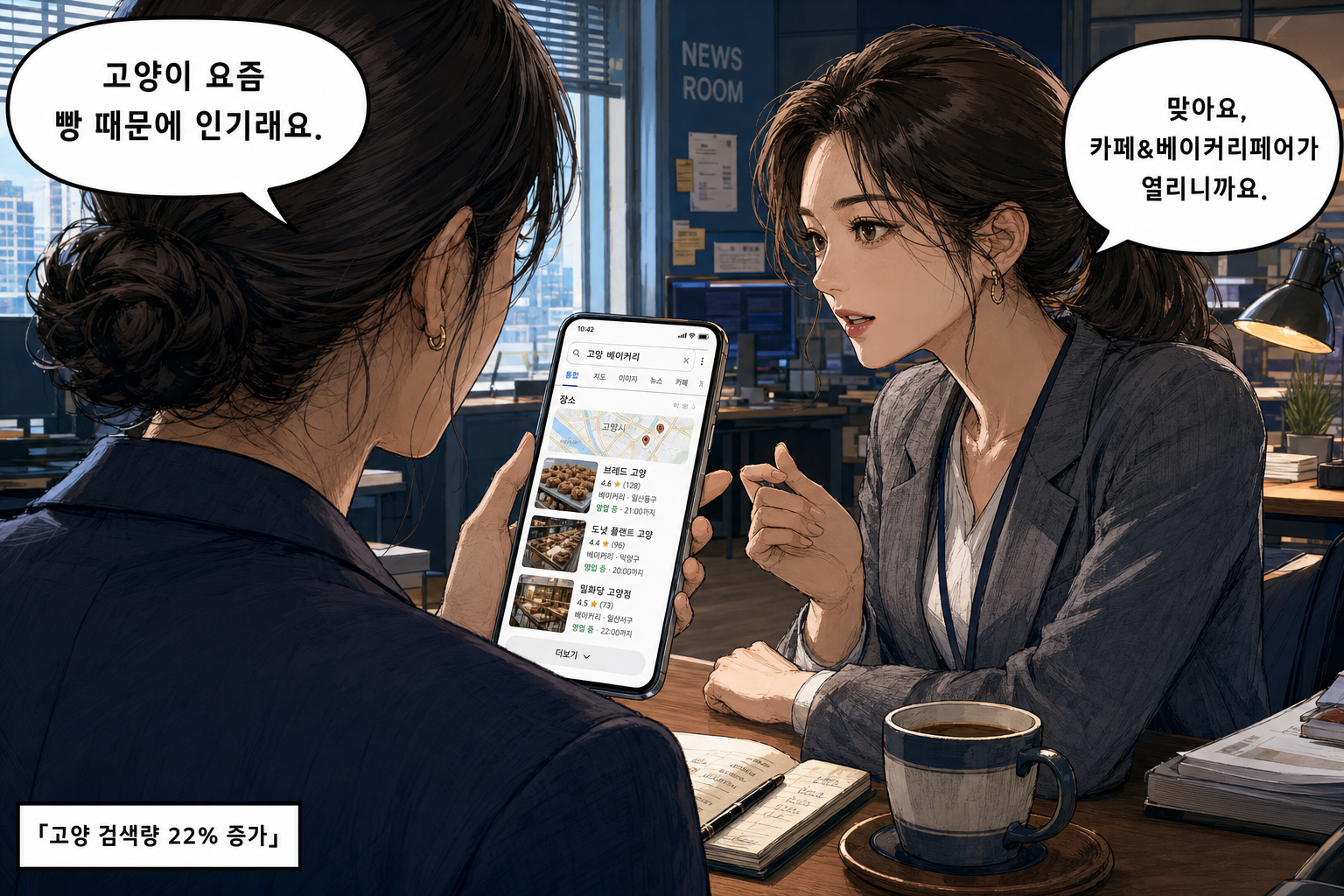 A: 고양이 요즘 빵 때문에 인기래요. B: 맞아요, 카페&베이커리페어가 열리니까요.