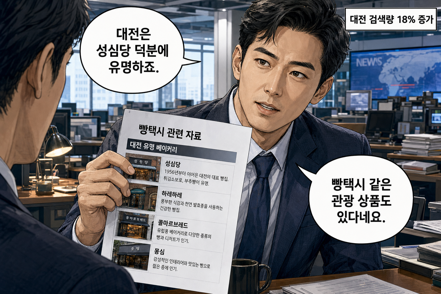 A: 대전은 성심당 덕분에 유명하죠. B: 빵택시 같은 관광 상품도 있다네요.