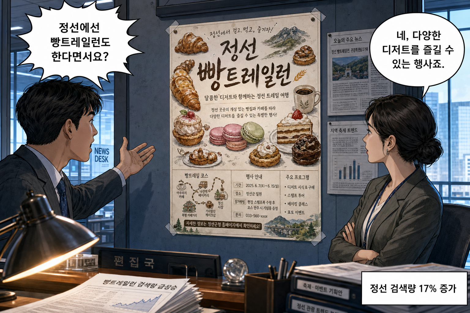 A: 정선에선 빵트레일런도 한다면서요? B: 네, 다양한 디저트를 즐길 수 있는 행사죠.