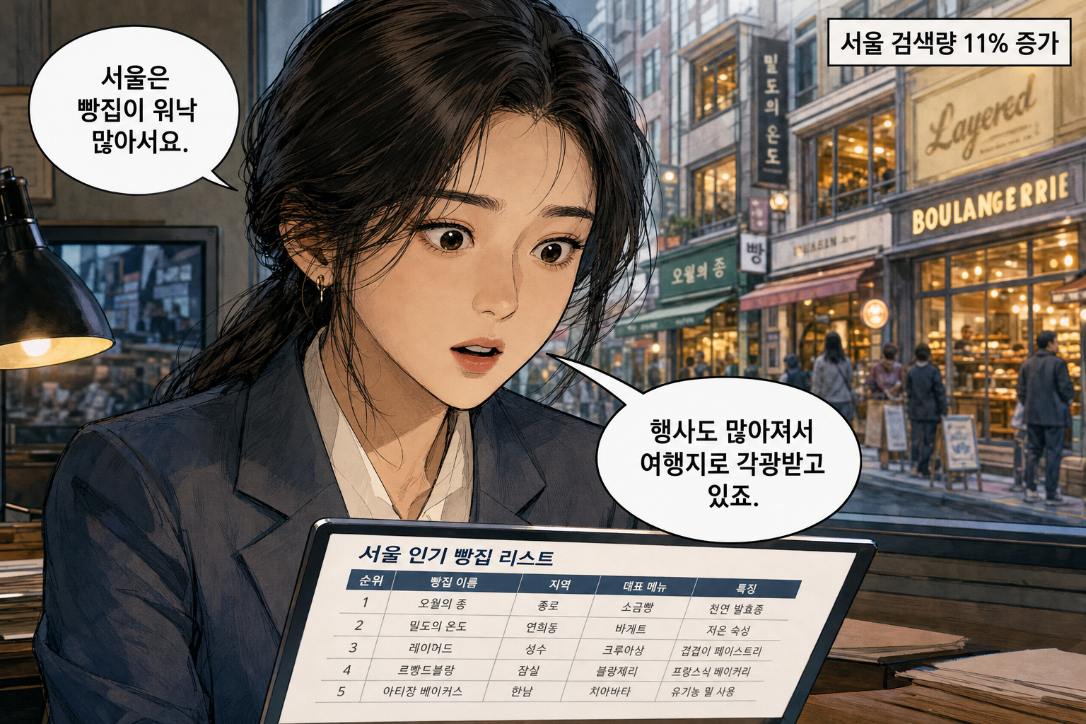 A: 서울은 빵집이 워낙 많아서요. B: 행사도 많아져서 여행지로 각광받고 있죠.