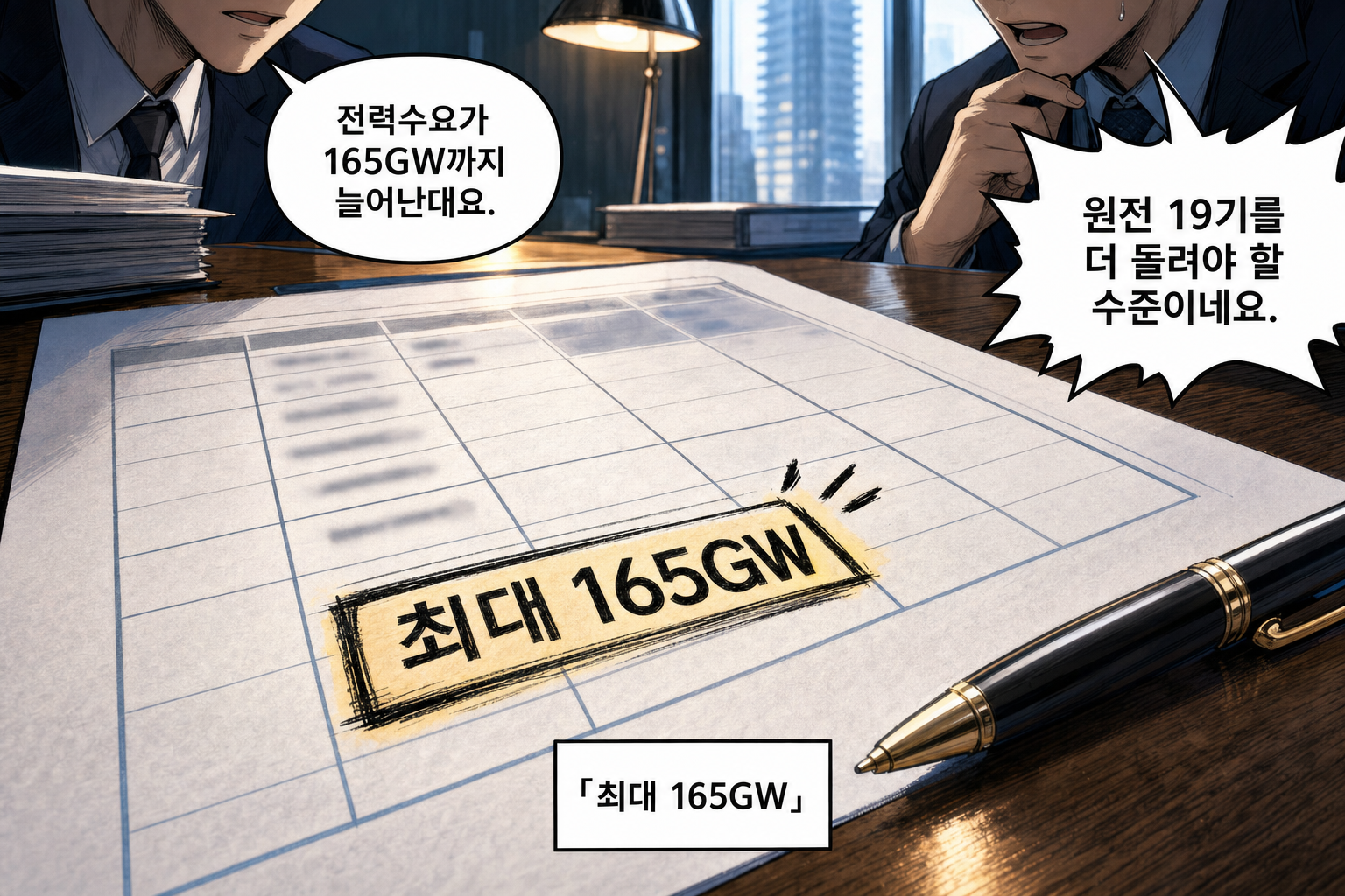 A: 전력수요가 165GW까지 늘어난대요. B: 원전 19기를 더 돌려야 할 수준이네요.