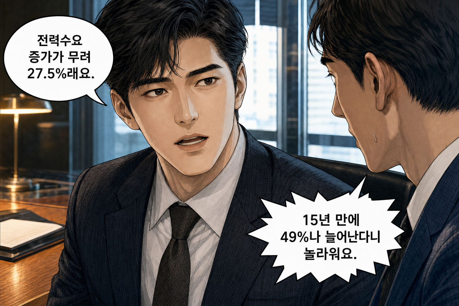 A: 전력수요 증가가 무려 27.5%래요. B: 15년 만에 49%나 늘어난다니 놀라워요.