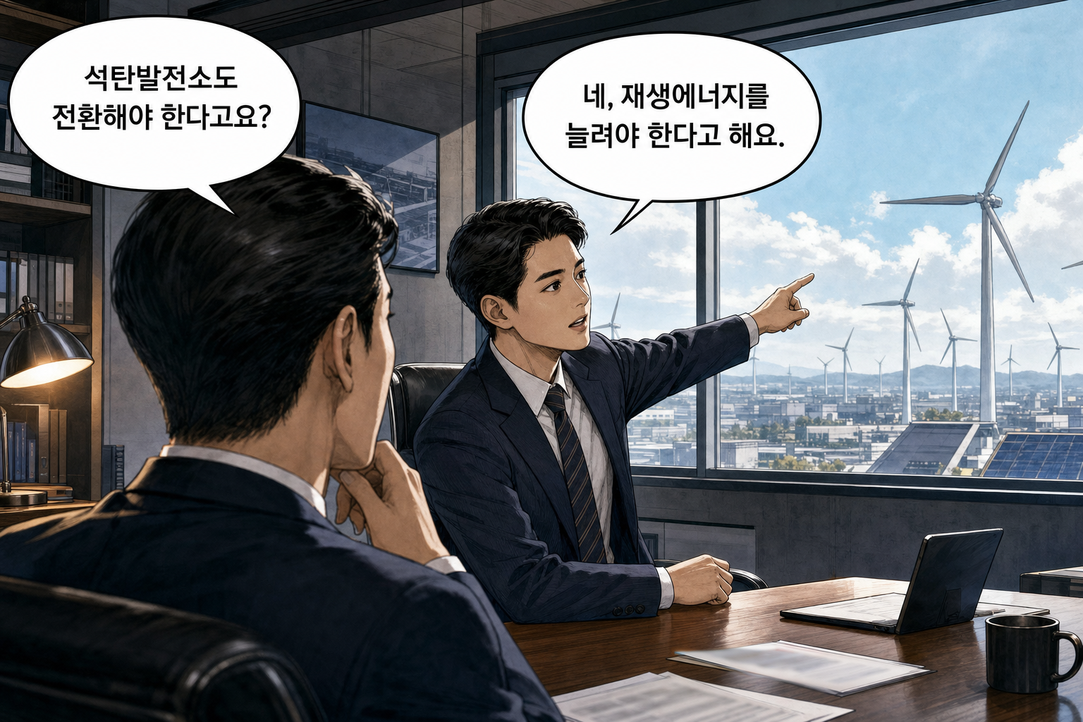 A: 석탄발전소도 전환해야 한다고요? B: 네, 재생에너지를 늘려야 한다고 해요.