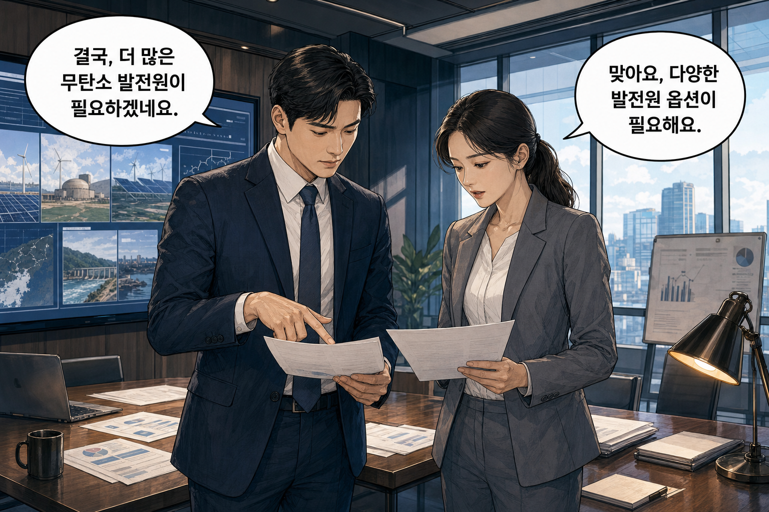 A: 결국, 더 많은 무탄소 발전원이 필요하겠네요. B: 맞아요, 다양한 발전원 옵션이 필요해요.