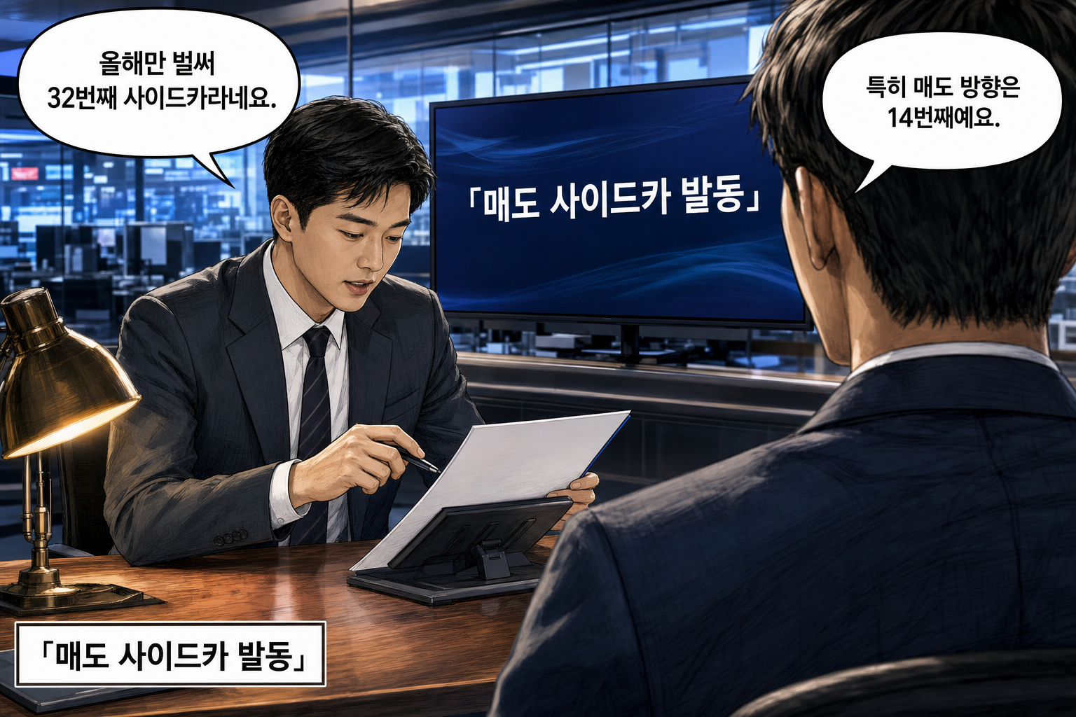A: 올해만 벌써 32번째 사이드카라네요. B: 특히 매도 방향은 14번째에요.