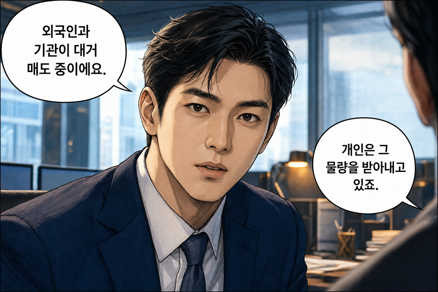 A: 외국인과 기관이 대거 매도 중이에요. B: 개인은 그 물량을 받아내고 있죠.