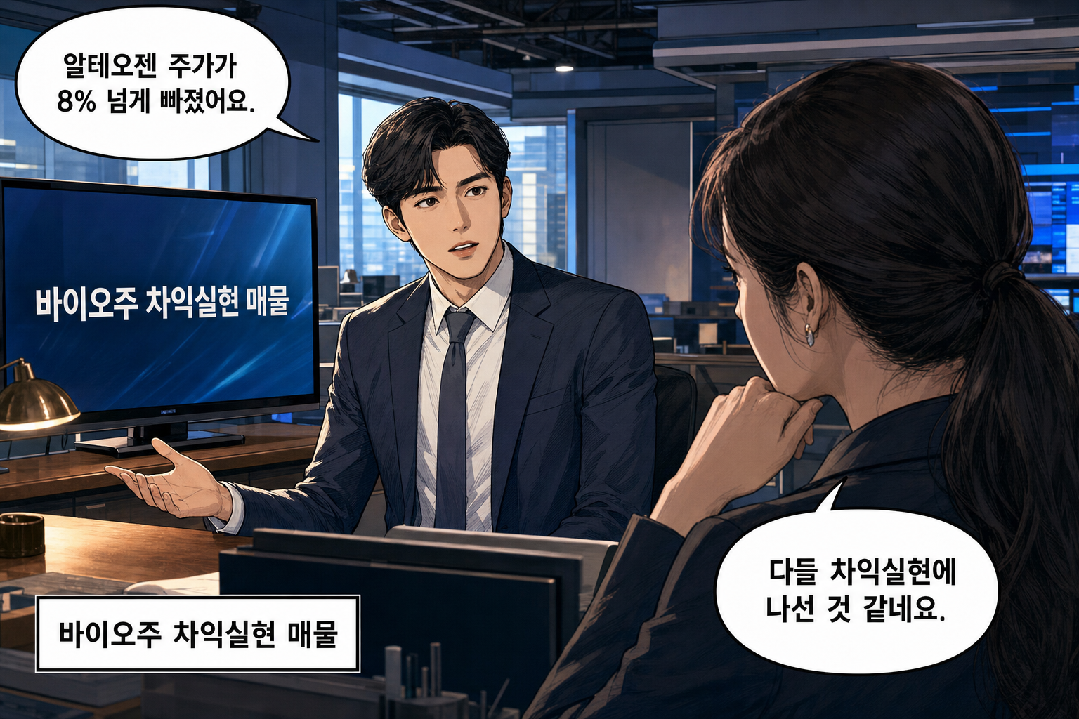 A: 알테오젠 주가가 8% 넘게 빠졌어요. B: 다들 차익실현에 나선 것 같네요.