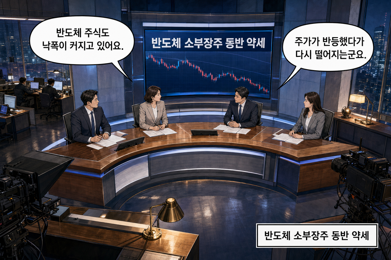 A: 반도체 주식도 낙폭이 커지고 있어요. B: 주가가 반등했다가 다시 떨어지는군요.