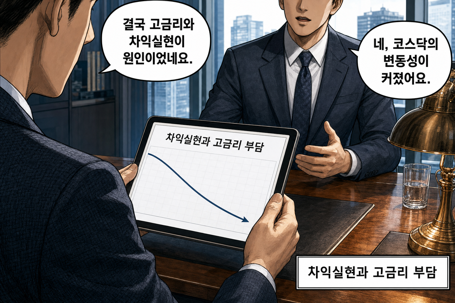 A: 결국 고금리와 차익실현이 원인이었네요. B: 네, 코스닥의 변동성이 커졌어요.
