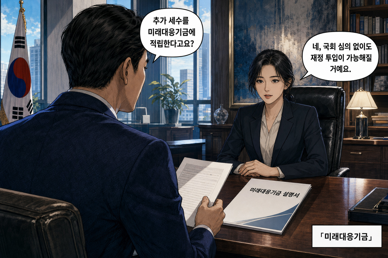 A: 추가 세수를 미래대응기금에 적립한다고요? B: 네, 국회 심의 없이도 재정 투입이 가능해질 거예요.