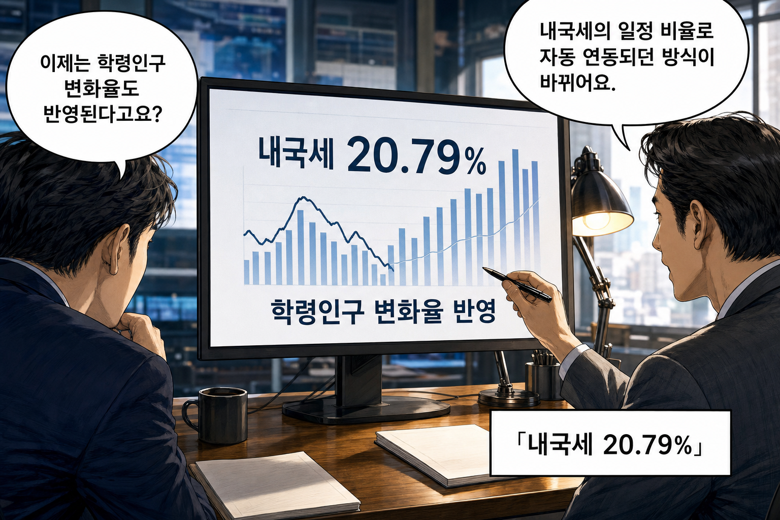 B: 내국세의 일정 비율로 자동 연동되던 방식이 바뀌어요. A: 이제는 학령인구 변화율도 반영된다고요?