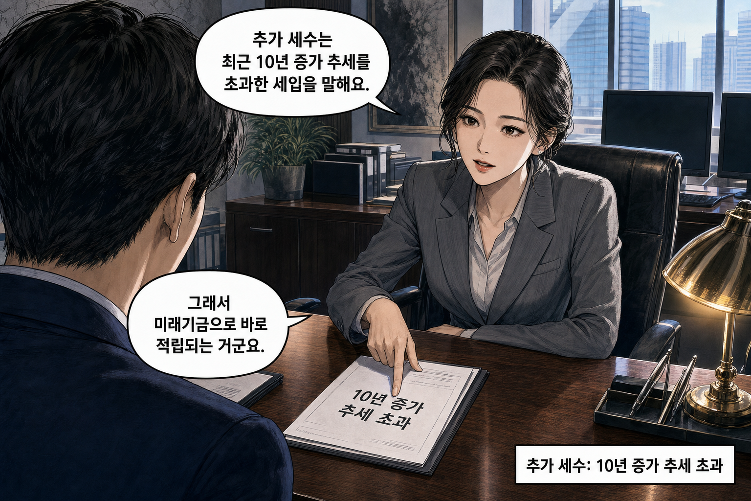 B: 추가 세수는 최근 10년 증가 추세를 초과한 세입을 말해요. A: 그래서 미래기금으로 바로 적립되는 거군요.