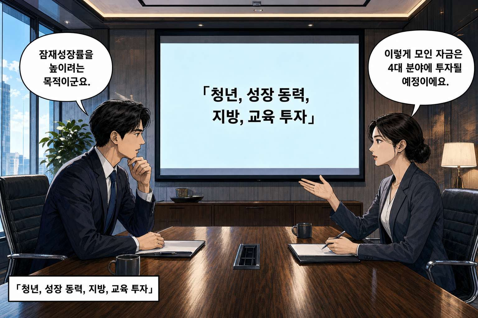 B: 이렇게 모인 자금은 4대 분야에 투자될 예정이에요. A: 잠재성장률을 높이려는 목적이군요.