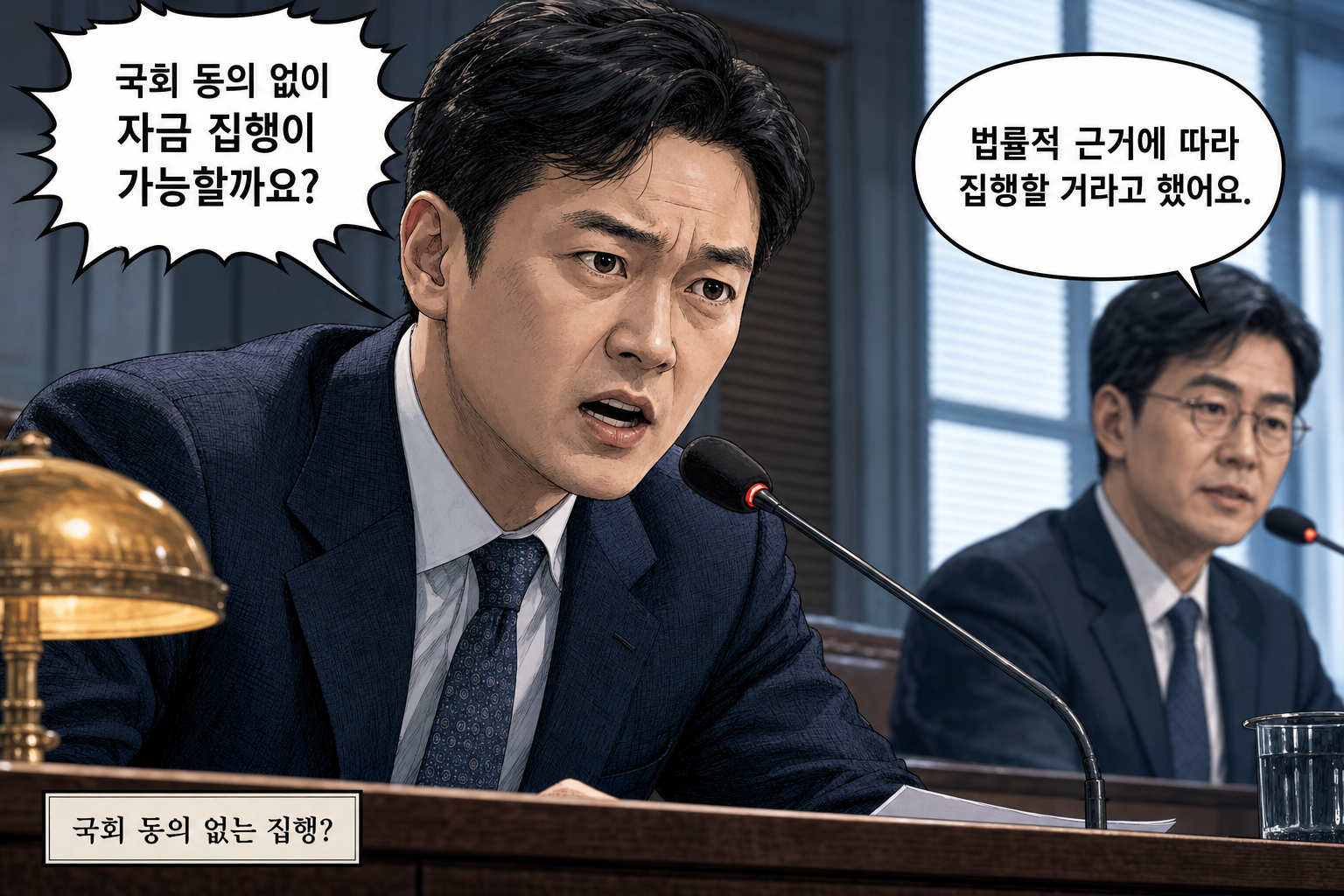 A: 국회 동의 없이 자금 집행이 가능할까요? B: 법률적 근거에 따라 집행할 거라고 했어요.