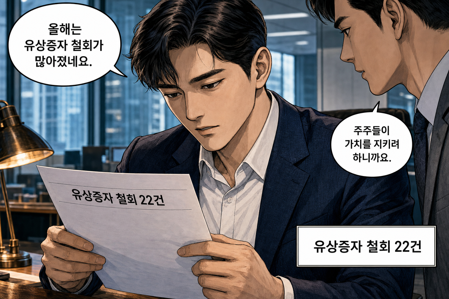 A: 올해는 유상증자 철회가 많아졌네요. B: 주주들이 가치를 지키려 하니까요.