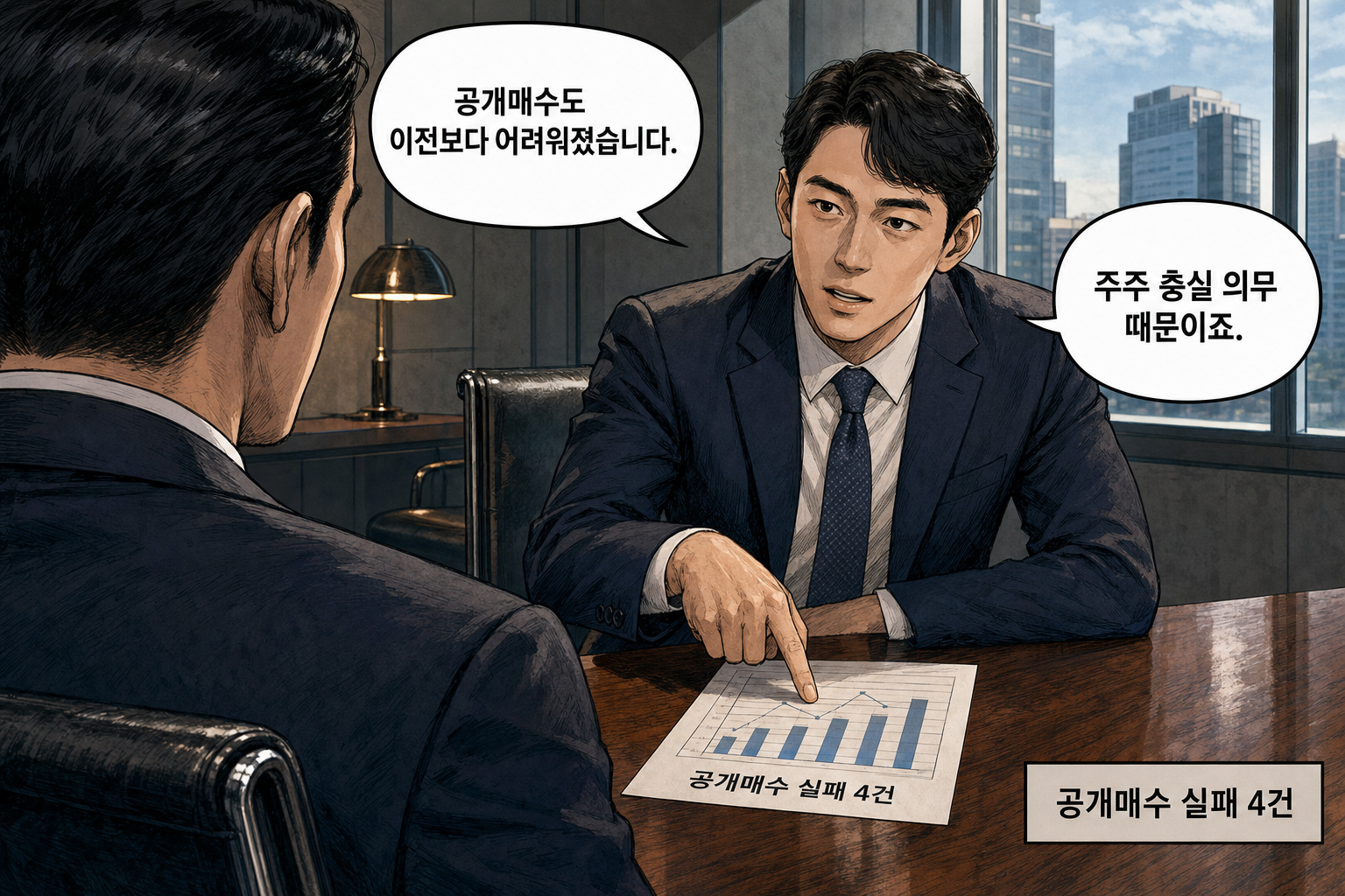A: 공개매수도 이전보다 어려워졌습니다. B: 주주 충실 의무 때문이죠.