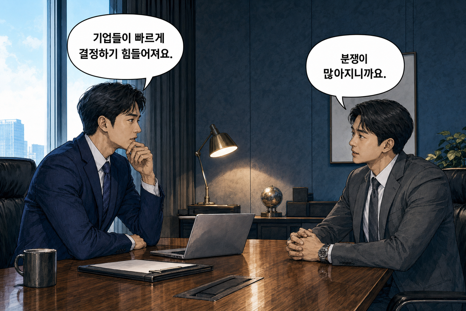 A: 기업들이 빠르게 결정하기 힘들어져요. B: 분쟁이 많아지니까요.