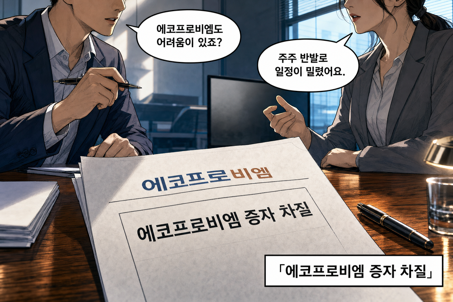 A: 에코프로비엠도 어려움이 있죠? B: 주주 반발로 일정이 밀렸어요.