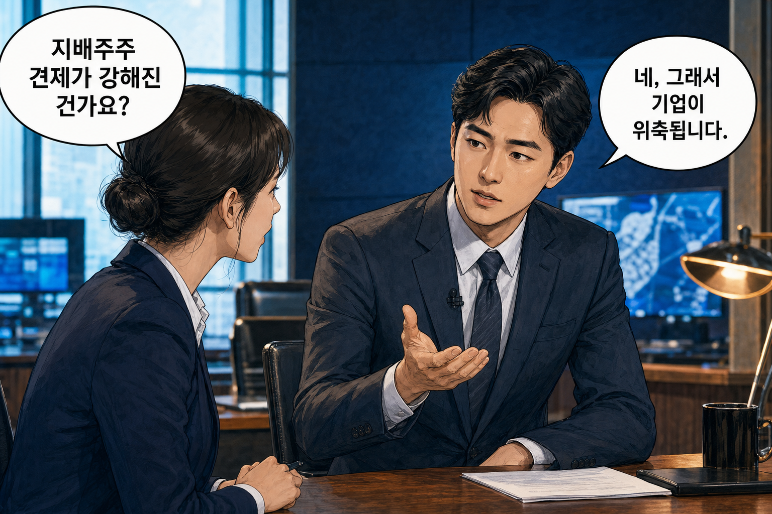 A: 지배주주 견제가 강해진 건가요? B: 네, 그래서 기업이 위축됩니다.