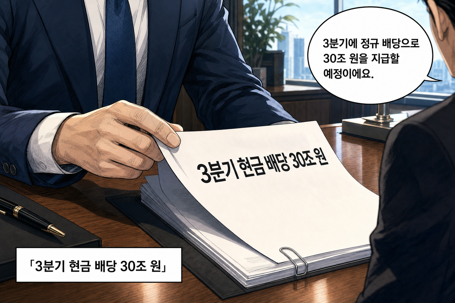 B: 3분기에 정규 배당으로 30조 원을 지급할 예정이에요.