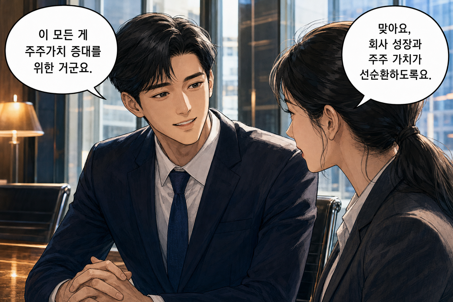 A: 이 모든 게 주주가치 증대를 위한 거군요. B: 맞아요, 회사 성장과 주주 가치가 선순환하도록요.