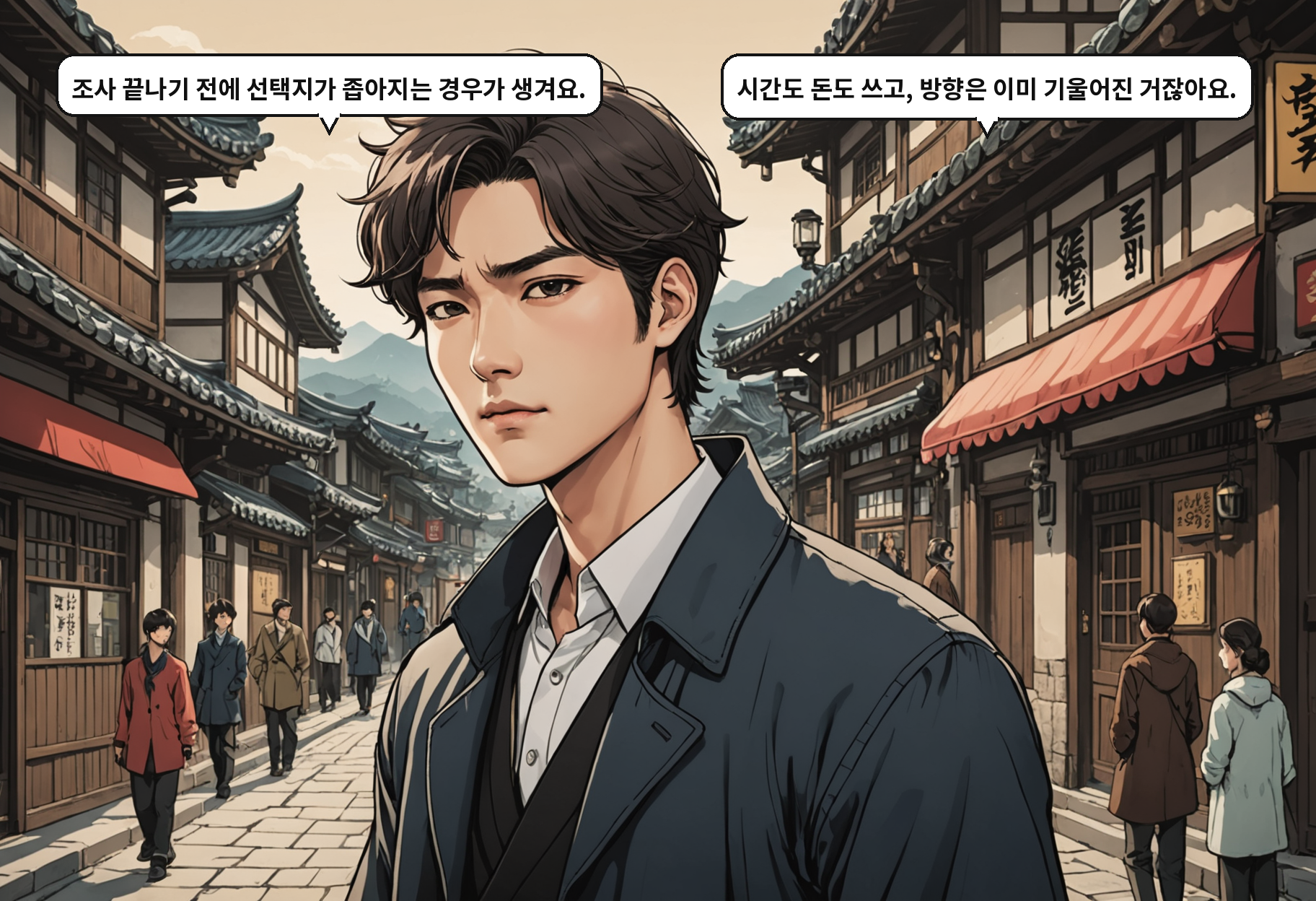 A: 조사 끝나기 전에 선택지가 좁아지는 경우가 생겨요. B: 시간도 돈도 쓰고, 방향은 이미 기울어진 거잖아요.