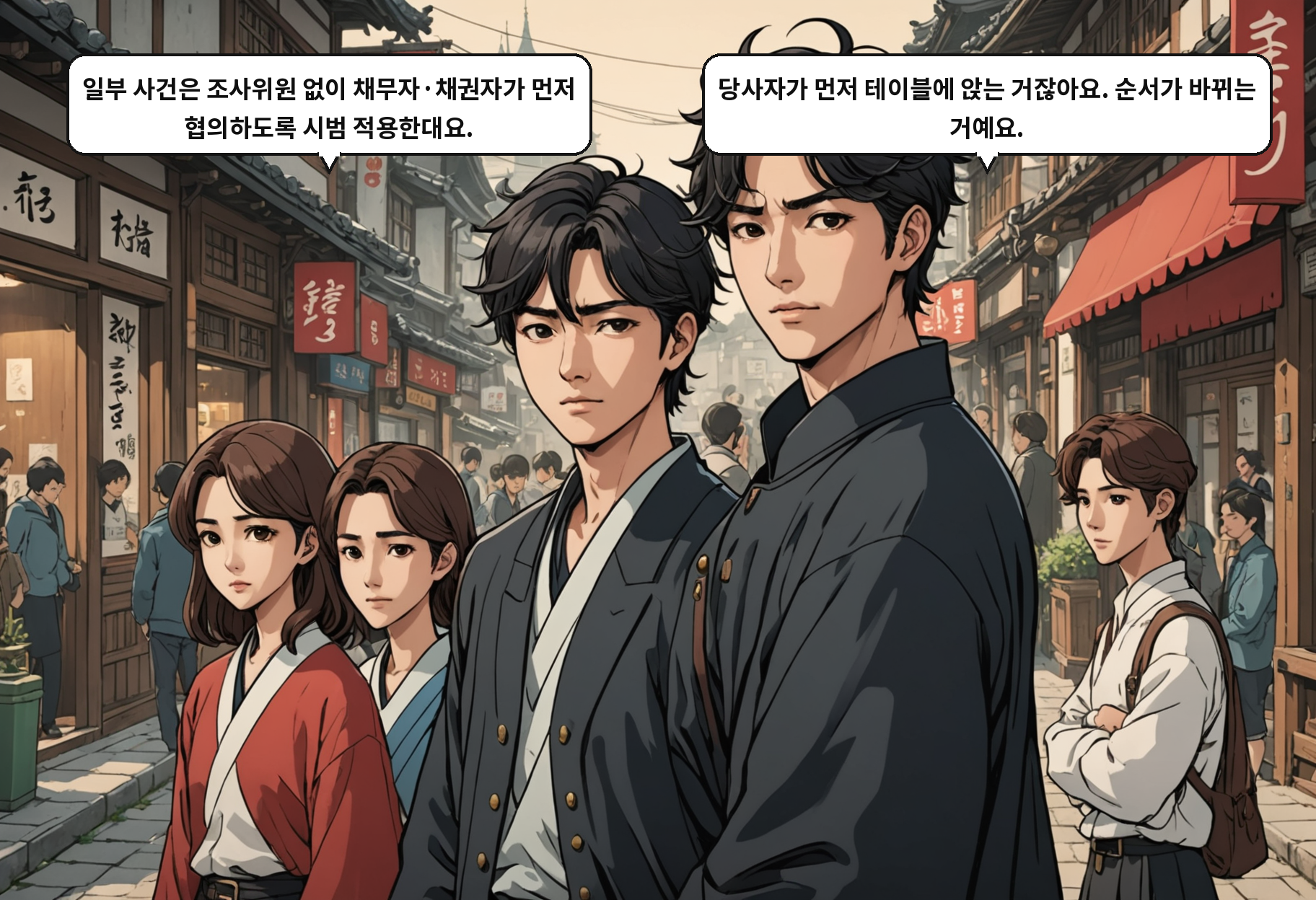 A: 일부 사건은 조사위원 없이 채무자·채권자가 먼저 협의하도록 시범 적용한대요. B: 당사자가 먼저 테이블에 앉는 거잖아요. 순서가 바뀌는 거예요.