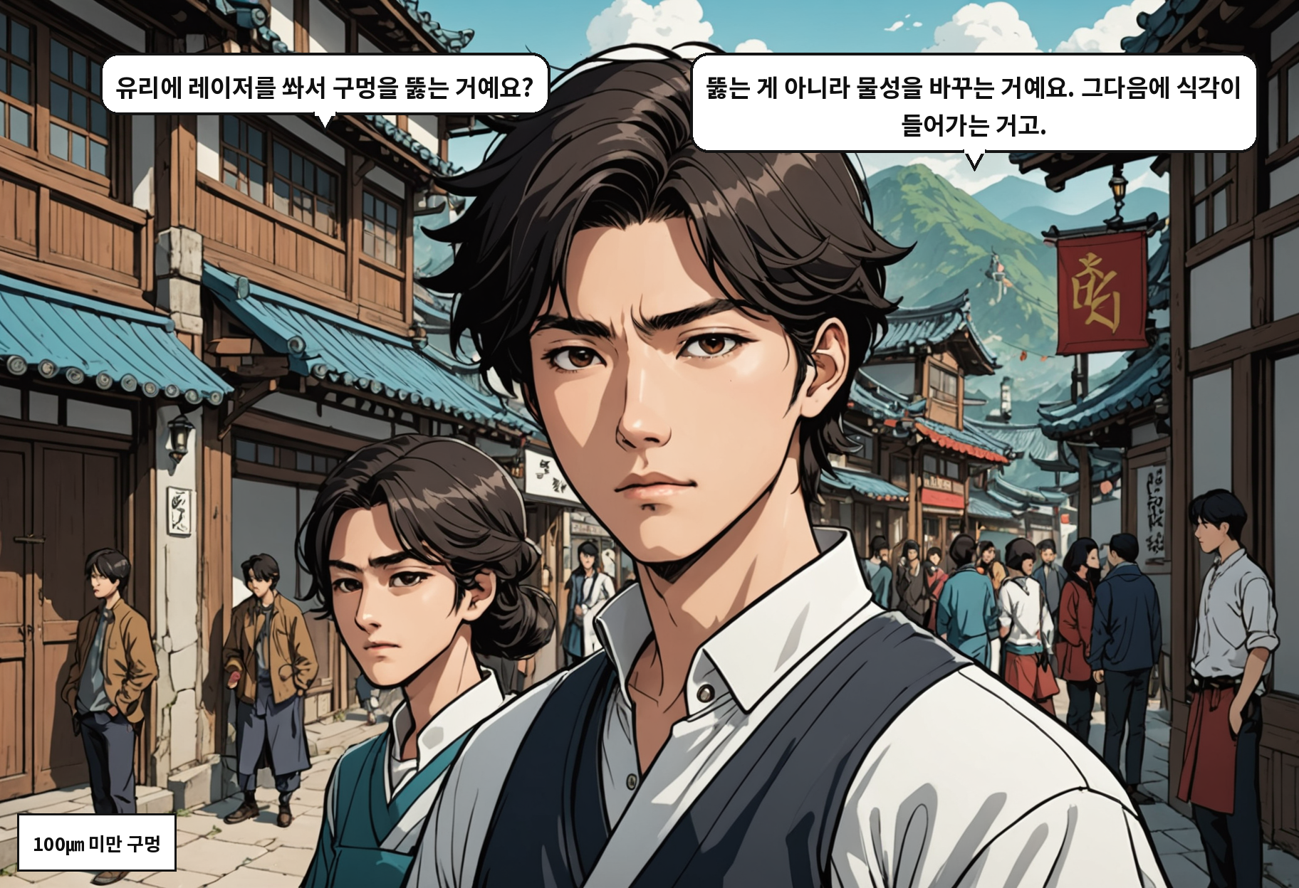 A: 유리에 레이저를 쏴서 구멍을 뚫는 거예요? B: 뚫는 게 아니라 물성을 바꾸는 거예요. 그다음에 식각이 들어가는 거고.