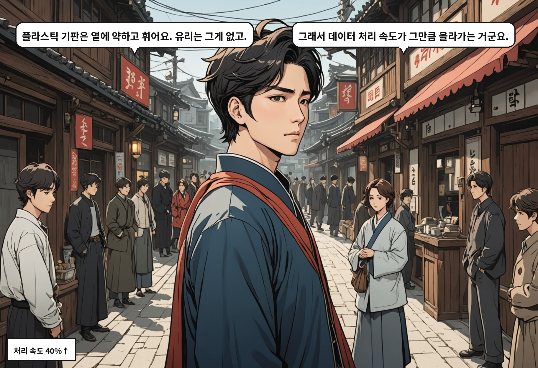 B: 플라스틱 기판은 열에 약하고 휘어요. 유리는 그게 없고. A: 그래서 데이터 처리 속도가 그만큼 올라가는 거군요.