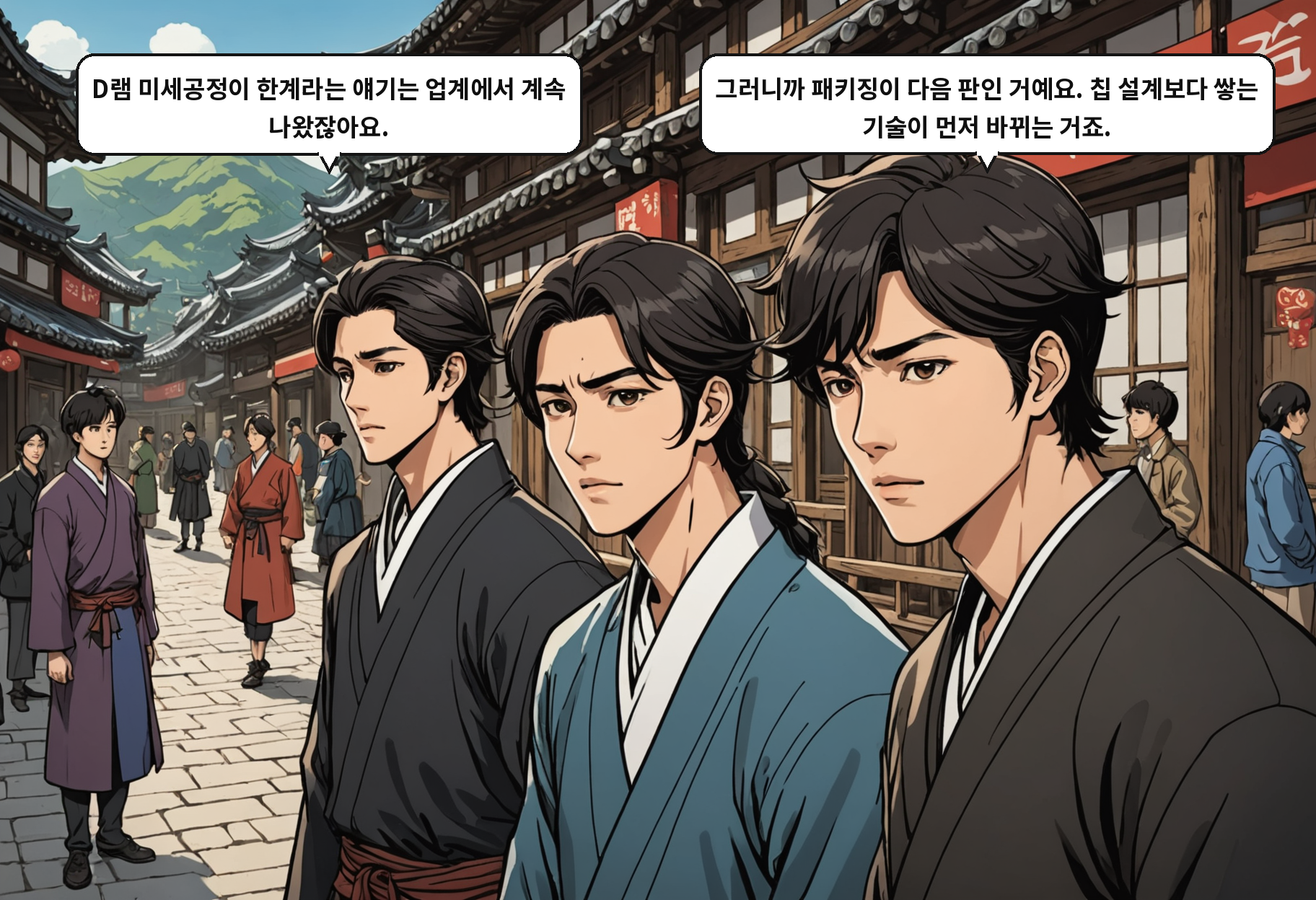 A: D램 미세공정이 한계라는 얘기는 업계에서 계속 나왔잖아요. B: 그러니까 패키징이 다음 판인 거예요. 칩 설계보다 쌓는 기술이 먼저 바뀌는 거죠.