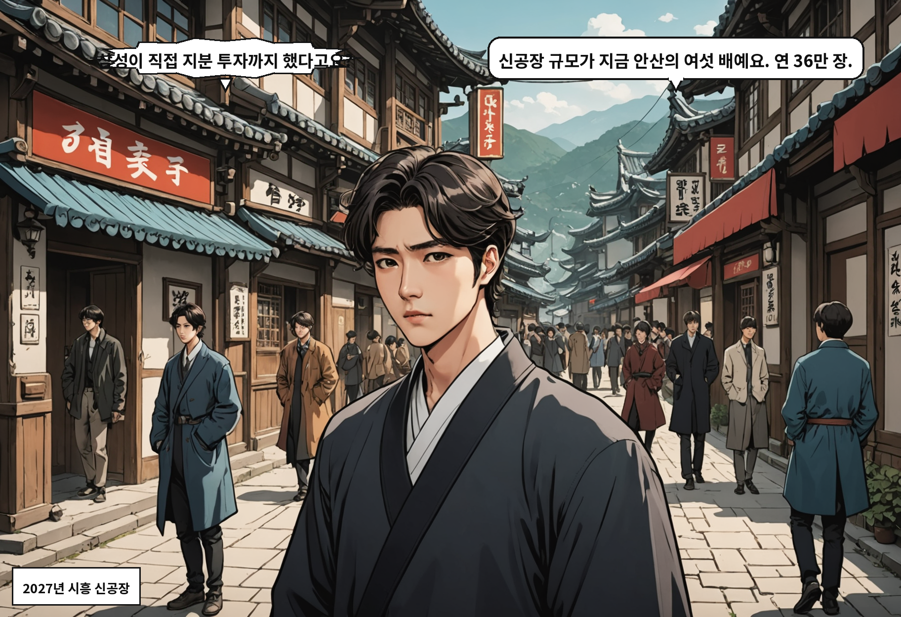 A: 삼성이 직접 지분 투자까지 했다고요? B: 신공장 규모가 지금 안산의 여섯 배예요. 연 36만 장.