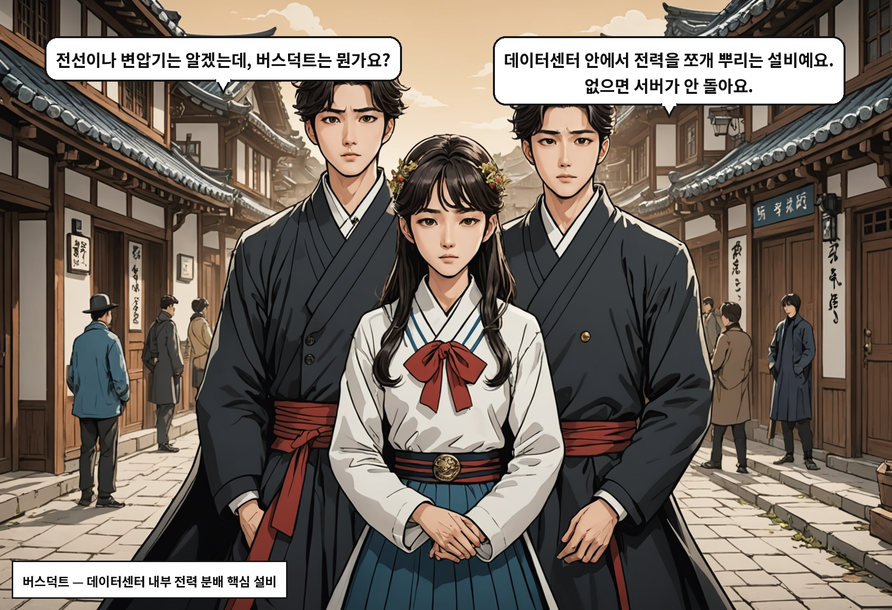 B: 전선이나 변압기는 알겠는데, 버스덕트는 뭔가요? A: 데이터센터 안에서 전력을 쪼개 뿌리는 설비예요. 없으면 서버가 안 돌아요.