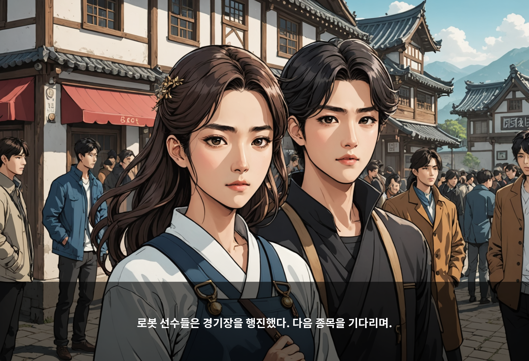 로봇 선수들은 경기장을 행진했다. 다음 종목을 기다리며.