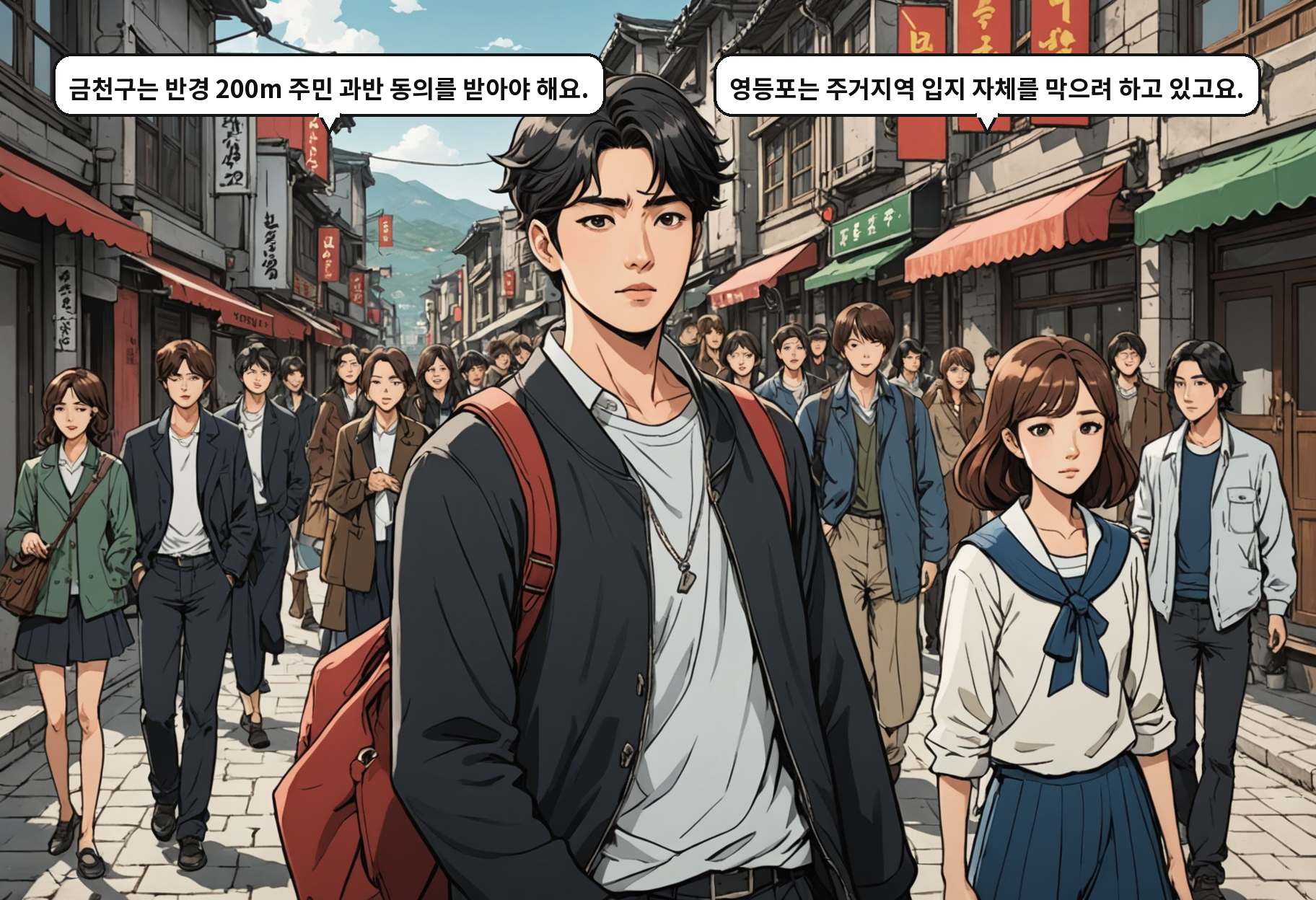 A: 금천구는 반경 200m 주민 과반 동의를 받아야 해요. B: 영등포는 주거지역 입지 자체를 막으려 하고 있고요.