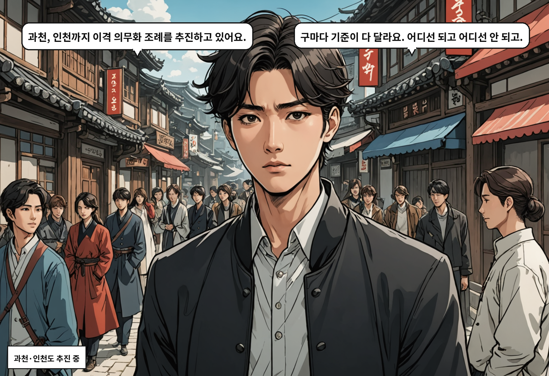 A: 과천, 인천까지 이격 의무화 조례를 추진하고 있어요. B: 구마다 기준이 다 달라요. 어디선 되고 어디선 안 되고.