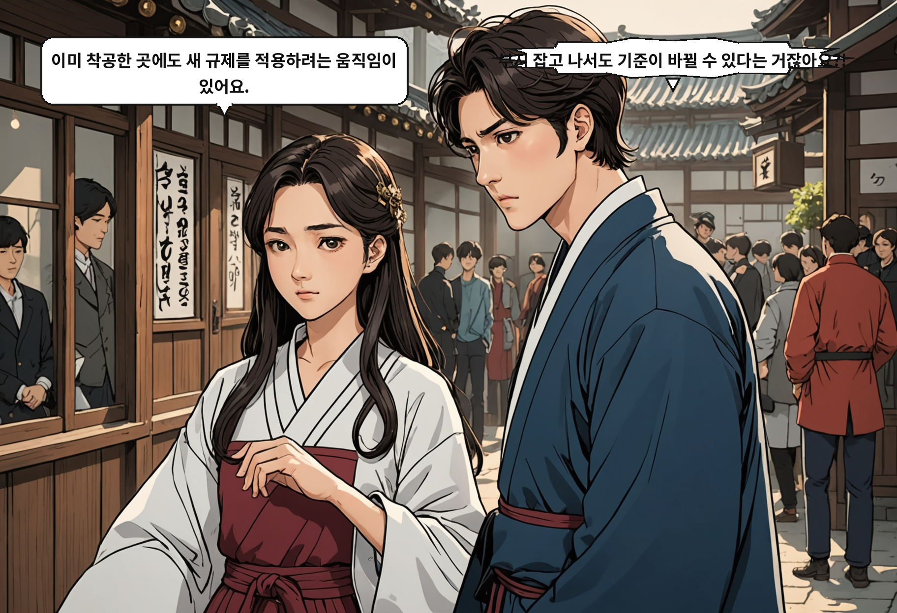 A: 이미 착공한 곳에도 새 규제를 적용하려는 움직임이 있어요. B: 부지 잡고 나서도 기준이 바뀔 수 있다는 거잖아요?!