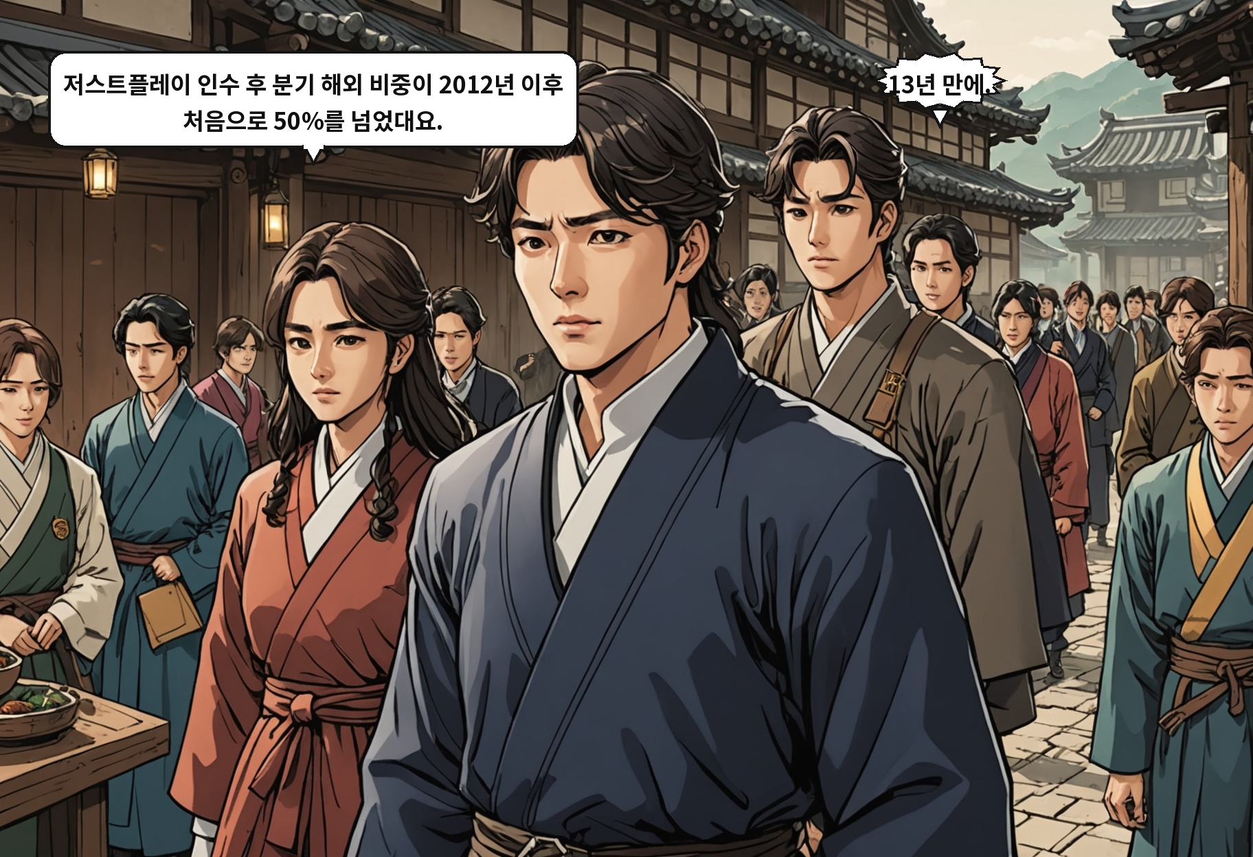B: 저스트플레이 인수 후 분기 해외 비중이 2012년 이후 처음으로 50%를 넘었대요. A: 13년 만에.