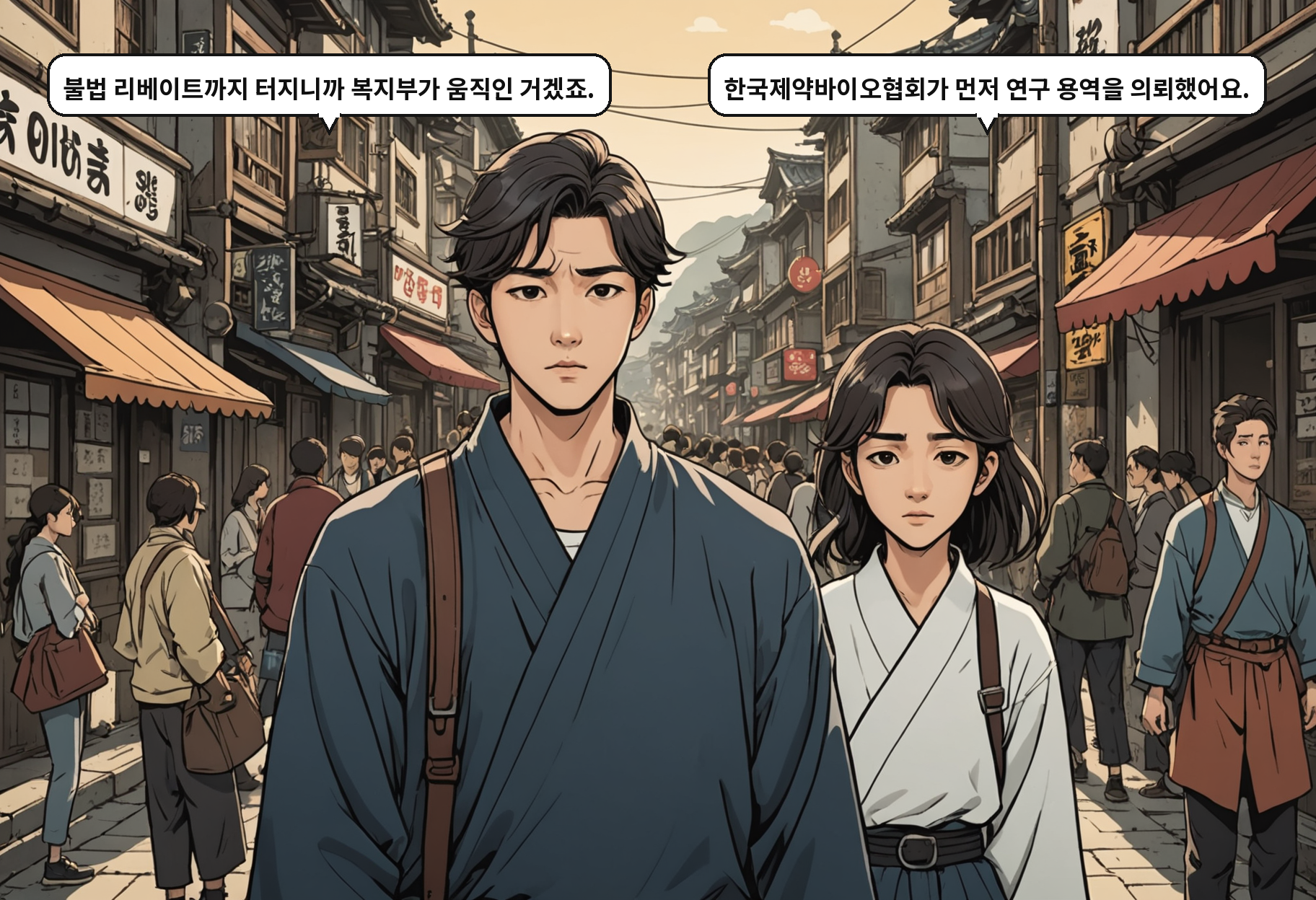 B: 불법 리베이트까지 터지니까 복지부가 움직인 거겠죠. A: 한국제약바이오협회가 먼저 연구 용역을 의뢰했어요.