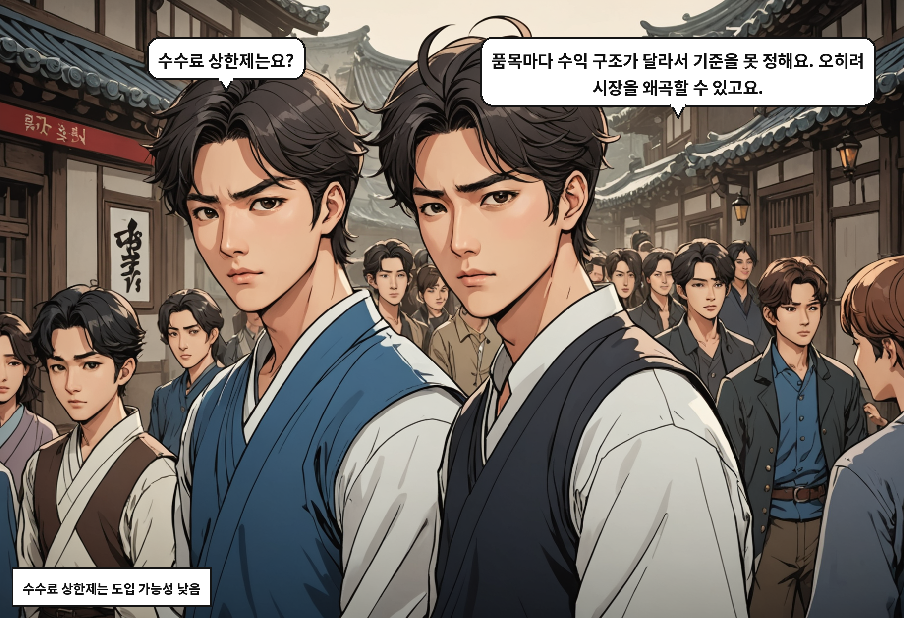 B: 수수료 상한제는요? A: 품목마다 수익 구조가 달라서 기준을 못 정해요. 오히려 시장을 왜곡할 수 있고요.