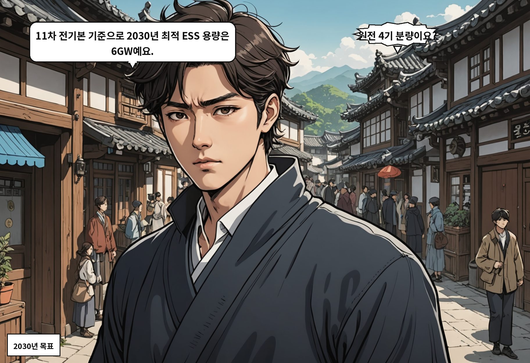 A: 11차 전기본 기준으로 2030년 최적 ESS 용량은 6GW예요. B: 원전 4기 분량이요?