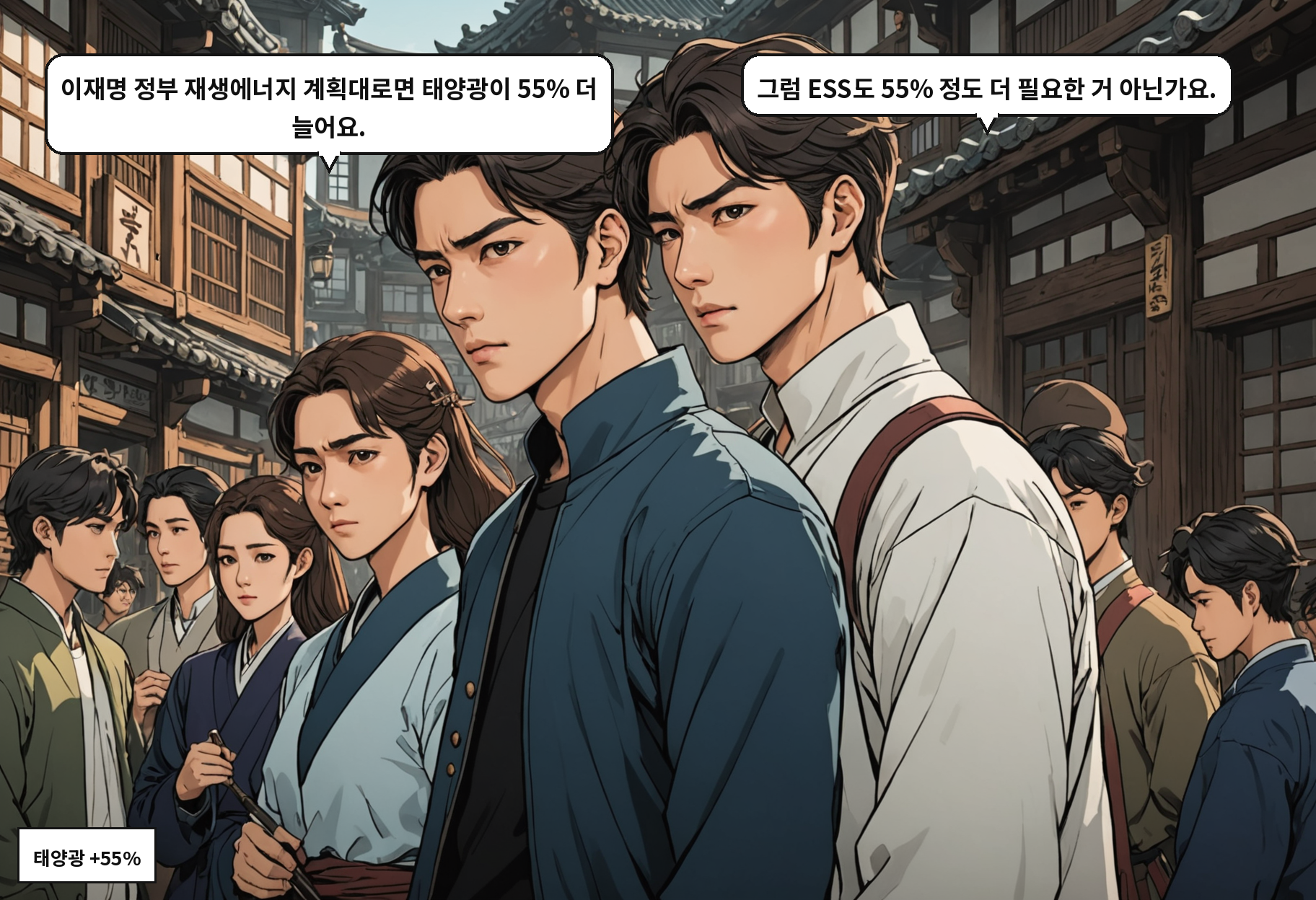 A: 이재명 정부 재생에너지 계획대로면 태양광이 55% 더 늘어요. B: 그럼 ESS도 55% 정도 더 필요한 거 아닌가요.