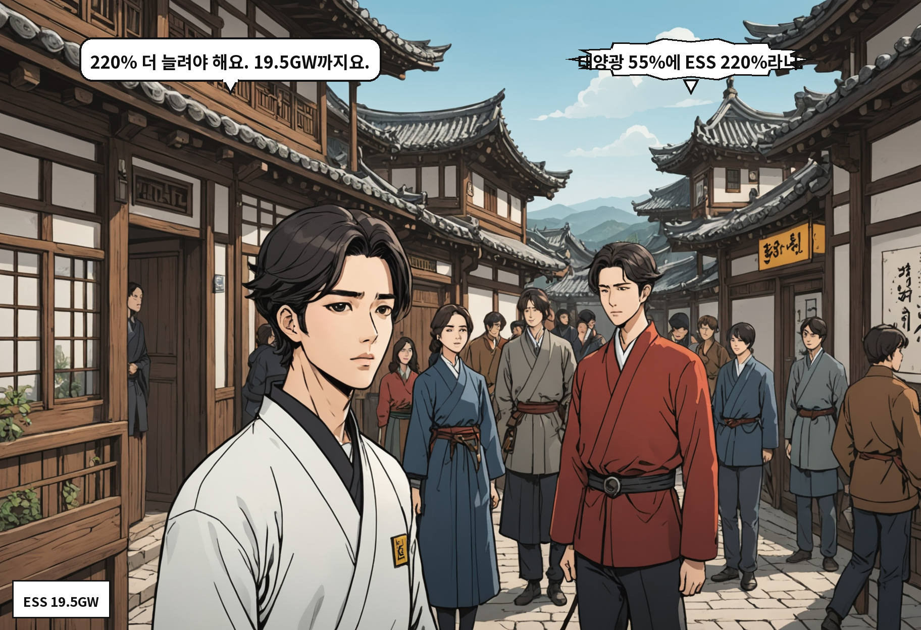 A: 220% 더 늘려야 해요. 19.5GW까지요. B: 태양광 55%에 ESS 220%라니.
