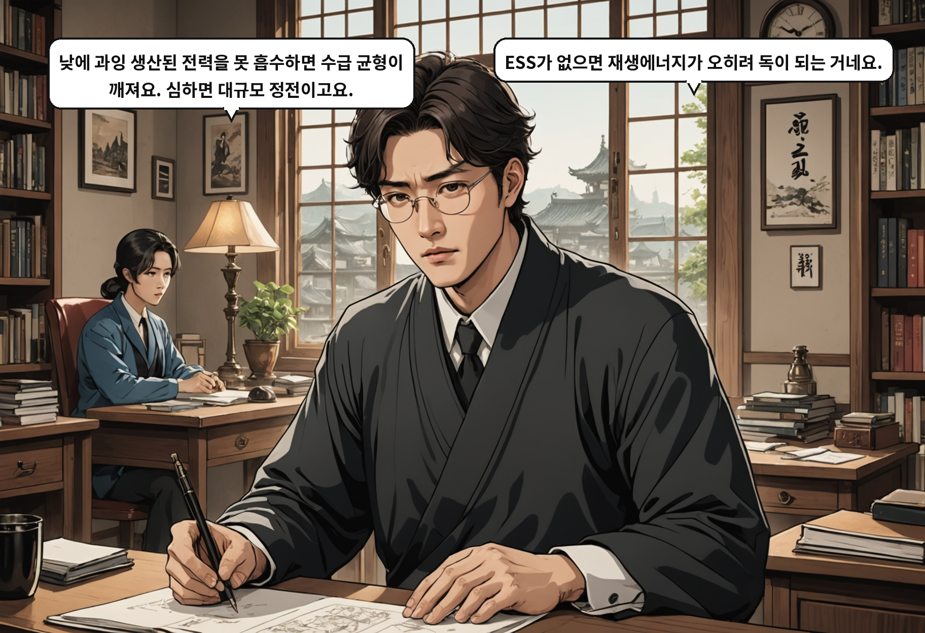 A: 낮에 과잉 생산된 전력을 못 흡수하면 수급 균형이 깨져요. 심하면 대규모 정전이고요. B: ESS가 없으면 재생에너지가 오히려 독이 되는 거네요.