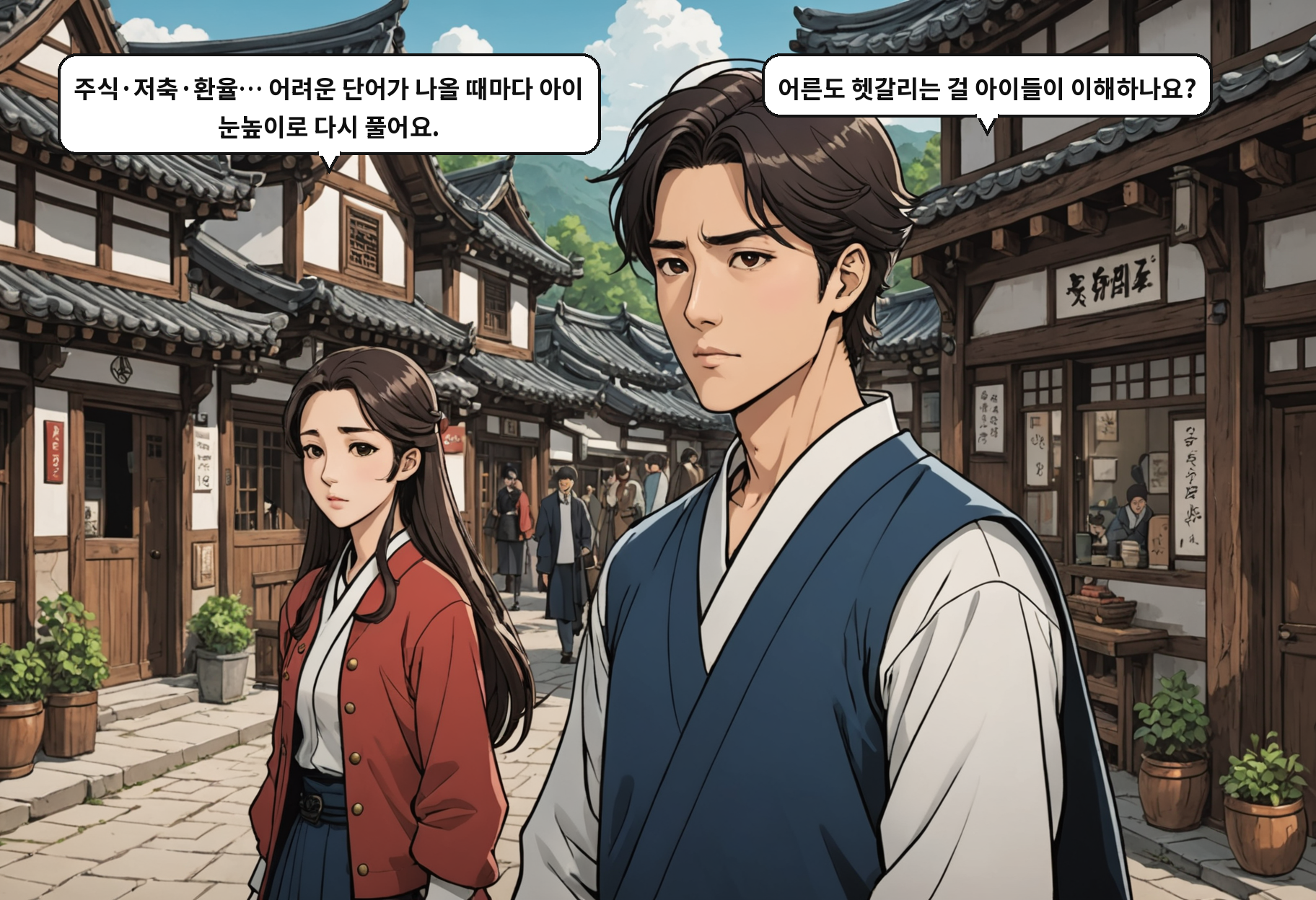 A: 주식·저축·환율… 어려운 단어가 나올 때마다 아이 눈높이로 다시 풀어요. B: 어른도 헷갈리는 걸 아이들이 이해하나요?