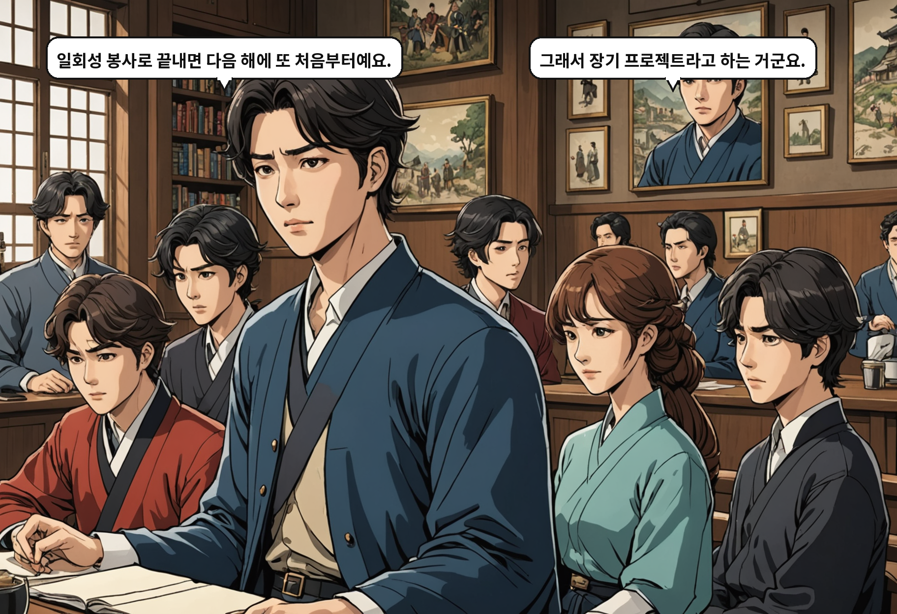 A: 일회성 봉사로 끝내면 다음 해에 또 처음부터예요. B: 그래서 장기 프로젝트라고 하는 거군요.