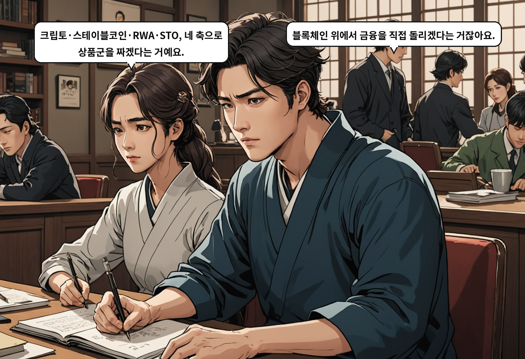 A: 크립토·스테이블코인·RWA·STO, 네 축으로 상품군을 짜겠다는 거예요. B: 블록체인 위에서 금융을 직접 돌리겠다는 거잖아요.