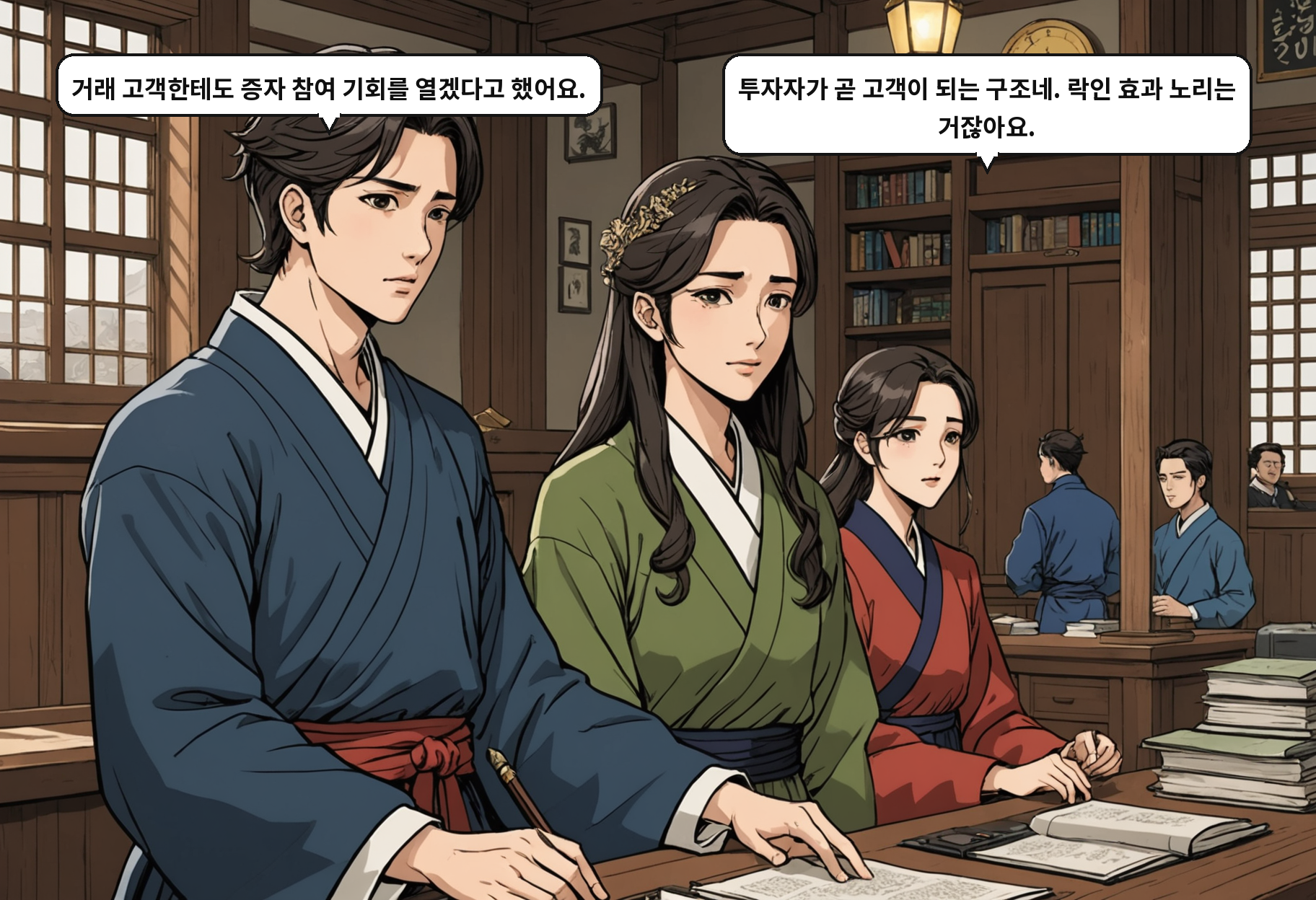 A: 거래 고객한테도 증자 참여 기회를 열겠다고 했어요. B: 투자자가 곧 고객이 되는 구조네. 락인 효과 노리는 거잖아요.