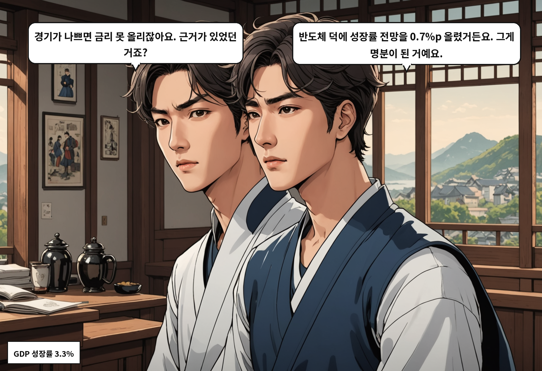 A: 경기가 나쁘면 금리 못 올리잖아요. 근거가 있었던 거죠? B: 반도체 덕에 성장률 전망을 0.7%p 올렸거든요. 그게 명분이 된 거예요.