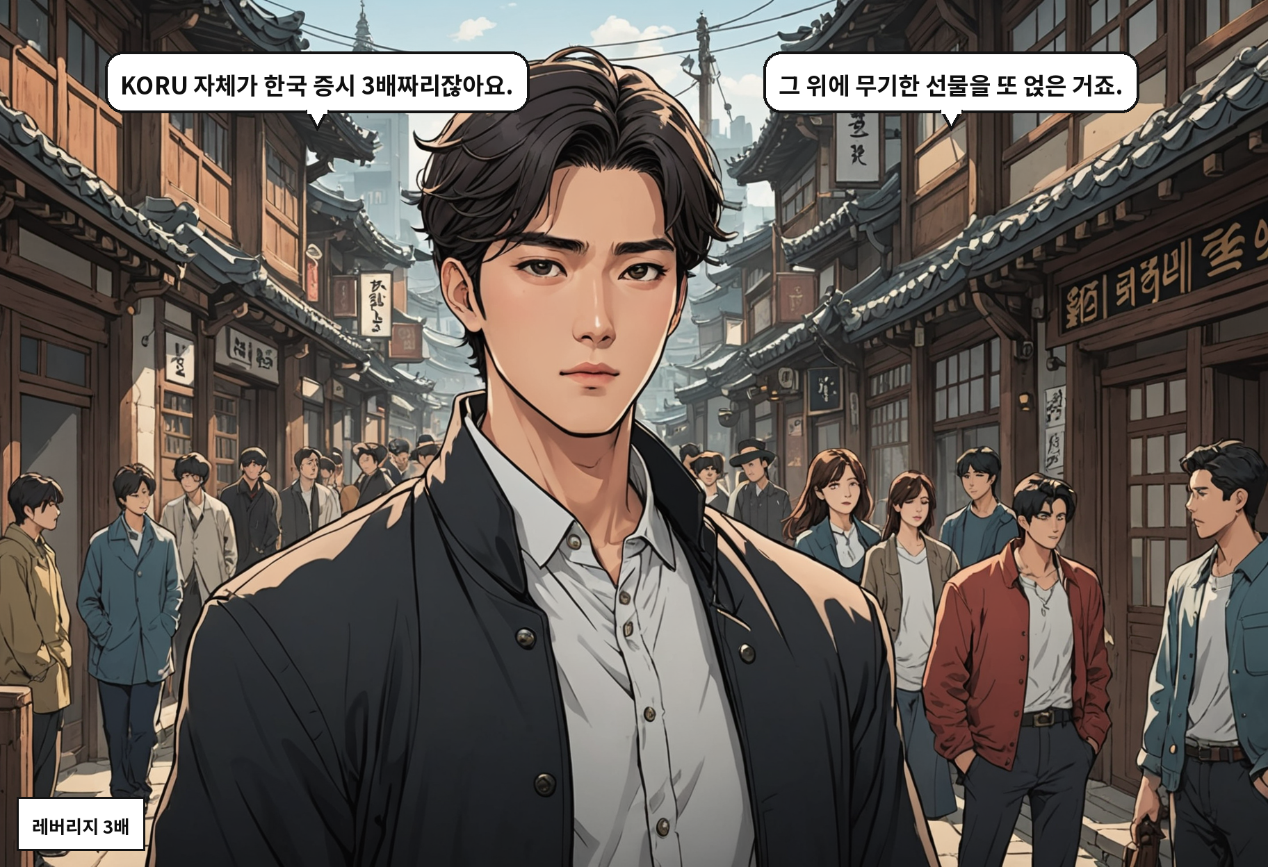 A: KORU 자체가 한국 증시 3배짜리잖아요. B: 그 위에 무기한 선물을 또 얹은 거죠.