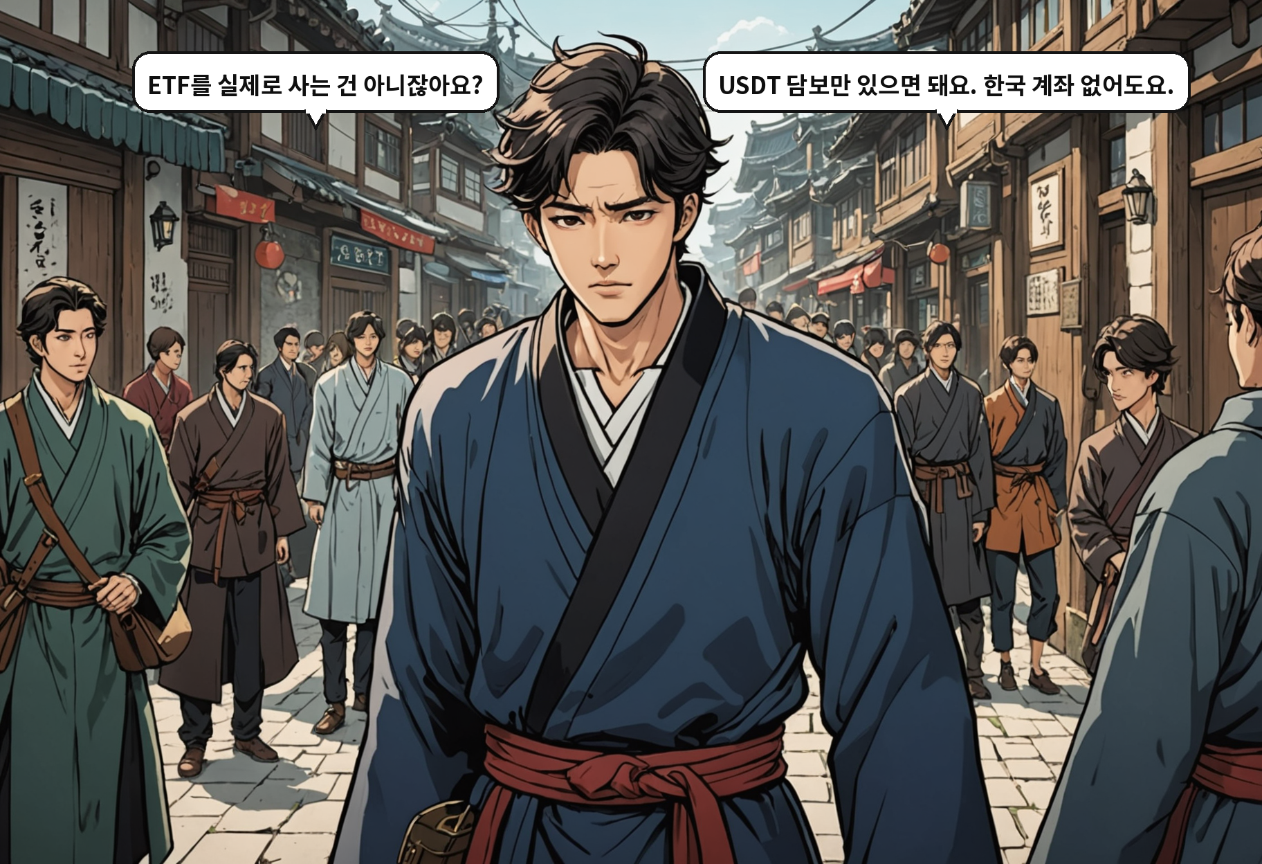 A: ETF를 실제로 사는 건 아니잖아요? B: USDT 담보만 있으면 돼요. 한국 계좌 없어도요.